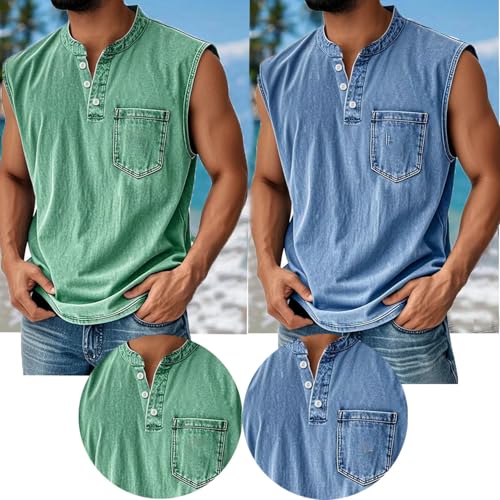 Mokaloha Mens Sleeveless Shirts, Men's Vintage Washed and Distressed Cotton Button-Down Stand Collar Pocket Henley Shirts2
