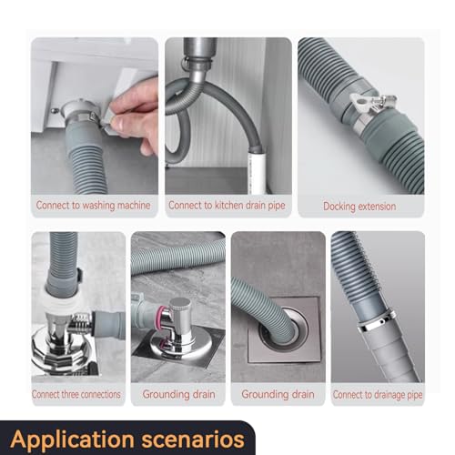 65-Ft-Washing-Machine-Universal-Drain-Hose-Flexible-Dishwasher-Drain-Hose-Extension-Kits-Corrugated-Replacement-Washer-Hose-Repair-2-Clamps-1-U-Bend-Holder-1-Adapter-1-Protective-gloves-Gray