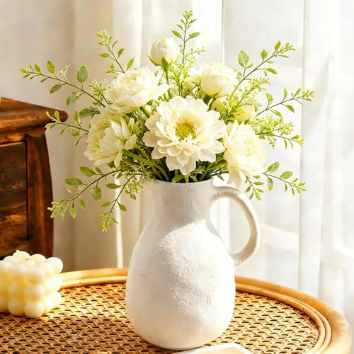 Ceramic Flower Vase 8 inch White Farmhouse Vase with Handles for Home Decor Vintage Rustic Decorations for Bathroom Living Room Entryway Wedding