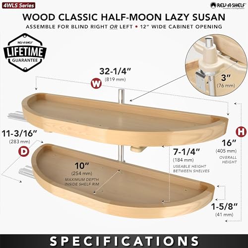 Rev-A-Shelf 32" Dual Shelf Half Moon Lazy Susan Organizer for Blind Corner Kitchen Cabinets, Pull Out Turntable Storage Trays, Wood, 4WLS882-32-570