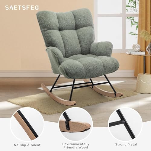 Image of Rocking Chair Nursery Teddy Upholstered Glider Rocker Rocking Accent Chair Padded Seat with High Backrest Armchair Comfy Side Chair for Living Room Bedroom Offices (Green Teddy)