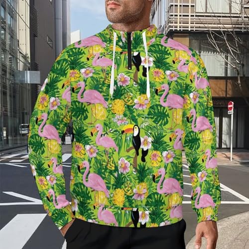 Dragon Fruit Flamingos Toucan Men's Quarter Zip Drawstring Hoodies Long Sleeve Sweatshirt Casual Pullover2