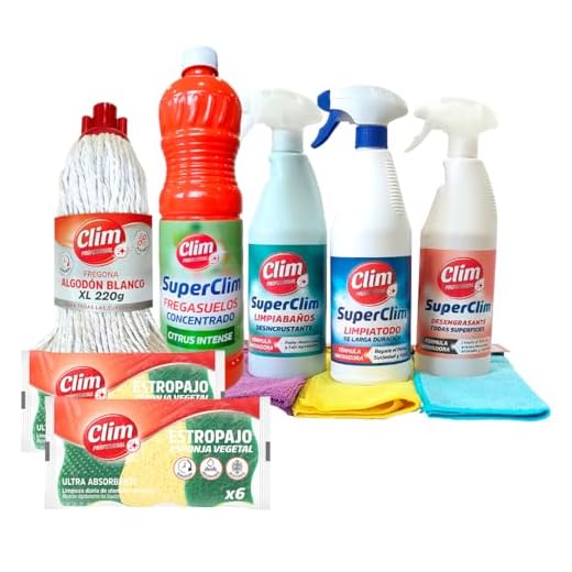 Clim Profesional Lote de Limpieza Hogar: 3 Bayetas de Microfibra Colores | 1 Fregasuelos Citrus | Pack 3 Superclim Limpia todo, Desengrasante y Limpia baños | 12 Estropajos Vegetal | 1 Fregona Algodón