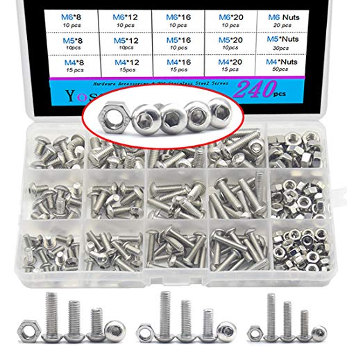 240 Pcs M4 M5 M6 Stainless Steel Mushroom Hex Button Head Cap Bolts Screws Nuts Assortment Kit