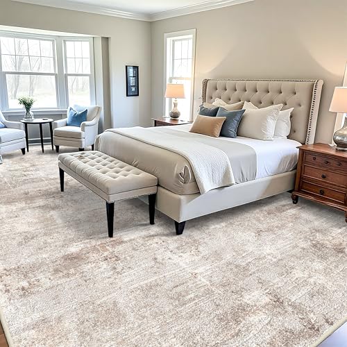 Washable Abstract Area Rug 12x15 - Large Soft Rugs for Living Room Non Slip Rubber Backing Indoor Carpet for Bedroom Living Room Farmhouse Distressed Stain Resistant Floor Decor Mat 12x15 Brown