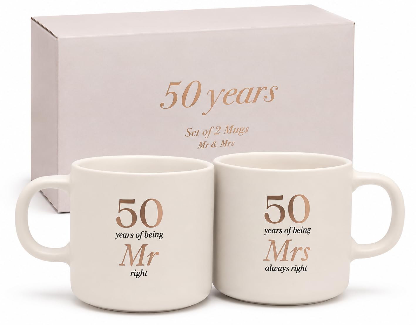 Widdop & Co 50 Years Mr and Mrs Mug Set in Gift Box – Set of 2 Stoneware Coffee Mugs for Married Couples – Golden 50th Wedding Anniversary Keepsake Gift for Husband Wife Parents Grandparents