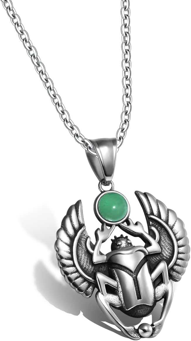Egyptian Jewelry - Scarab Necklace - Spiritual Protection Amulet - Unique Mysterious Beetle with Round Crystal - Ancient Powers Sacred Goddess Energy Pendant - Antique Finish Talisman