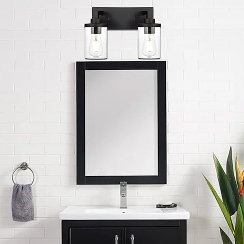 Miniatura 2 de Apliques de pared negros con 2 luces con pantalla de vidrio transparente, accesorios de tocador de baño, lámpara moderna de montaje en pared para
