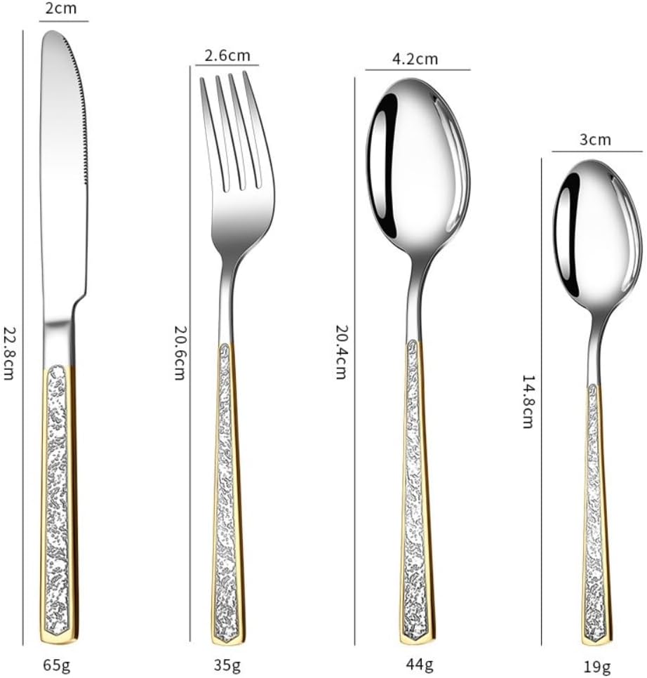 Kitchen Stainless Steel Silverware Tableware Flatware Cutlery Set Double Sided Gold Pattern Gold Texture Steak Knife Fork Spoon for Hotel Western Food Dining (16-piece set)