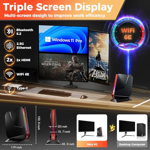 Image of Mini Gaming PC, Intel Core i9-13900HX丨GeForce RTX 4070 8G RGB Lights Gaming Computer, 32GB RAM 1TB PCIe4.0 SSD, Triple Display /WiFi6E /2.5G LAN, Win 11 Pro Desktop Computer for Office /Home /Gaiming