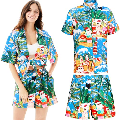 Jeere 2 Pcs July Christmas Outfit for Women Summer Hawaiian Shirt Short Sleeves Christmas Santa Button Down for Beach(Blue Large)