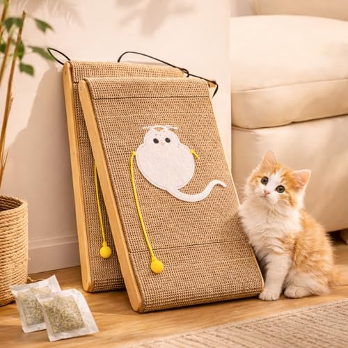 Kratzbrett für Katzen 2er-Set Kratzpads für Katzen aus Holz und Karton mit Wellenstruktur hängbares Katzen Kratzbrett mit Spielball Robustes Kratzpad zum täglichen Kratzen und Spielen