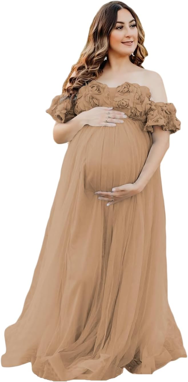 Maternity Dresses 3D Flower Off Shoulder Tulle Puffy Pregnancy Gown for Photoshoot Elegant Long Robe for Baby Shower