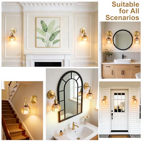 Image of Vintage Gold Wall Sconces Set of 2 with Cute Amber Tulip Glass Lampshade, Hardwired and Wireless Wall Mounted Light Fixtures (2 Usage Methods) with Switch for Bedside Bedroom Living Room Wall Decor