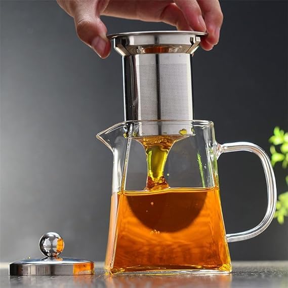 Image of Borosilicate Glass stovetop Kettle with Stainless Steel Infuser teapot to Infuse Tea Coffee Black Tea harbal kadha Tea Pot for Making Green Tea (Square Teapot 550ML)