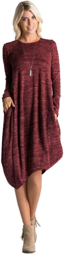 Tabeez Women's Casual Long Sleeve Loose Asymmetrical Heathered Tulip Bubble Sweater Midi Dress