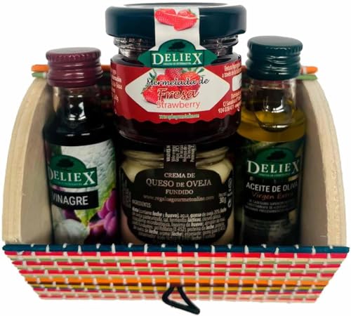 Baúl de madera multicolor con productos gourmet, miniaturas de aceite, vinagre, mermelada de fresa y queso oveja y vaca Baúl de madera multicolor con productos gourmet, miniaturas de aceite, vinagre, mermelada de fresa y queso oveja y vaca