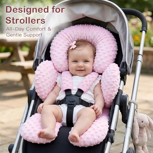 Image of Pro Goleem Infant Car Seat Head Neck Body Support, Ultra-Soft Minky and Microfiber Newborn Car Seat Insert, Perfect for Car Seat, Stroller, 2-in-1 Reversible, Girls, Pink