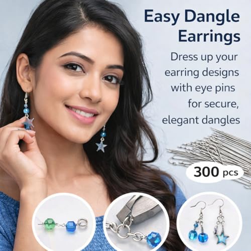 Image of Tia Crafts Eye Pins for Jewellery Making, Earrings & DIY Crafts | Metal Eye Pins with Loop for Beads & Charms | Pack of 300-150 Gold, 150 Silver (Gold & Silver Mix)