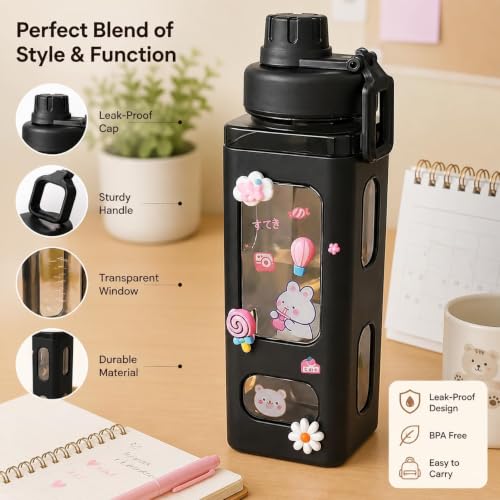 Image of LHOTSE Cute Square Water Bottle for School with Straw & Leakproof Lid - Large Capacity Kawaii Bottle for Kids, Girls & Office Usen 700 ML (Black)
