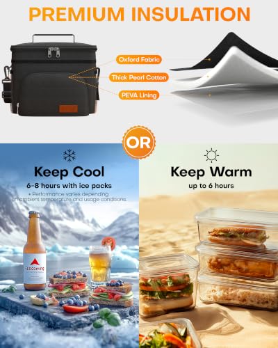 Image of HOTOR Insulated Lunch Box Men Women Leak-Proof Cooler Lunch Bag 15L | 4 Pockets, Adjustable Strap, Ideal for Work, Picnic, Travel, Camping, Gift, Black