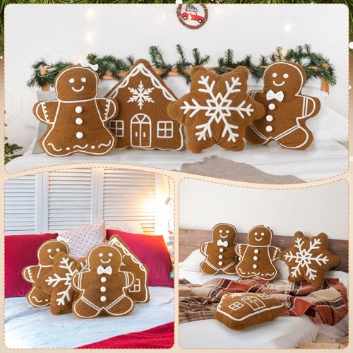 Image of HunnmingRe 4 Pcs Christmas Throw Pillows Fall Football Plush Pillows Winter Holiday Cushion Soft Decorative Cushions for Couch Bedroom Living Room Thanksgiving Xmas Decor(Caramel,Gingerbread)