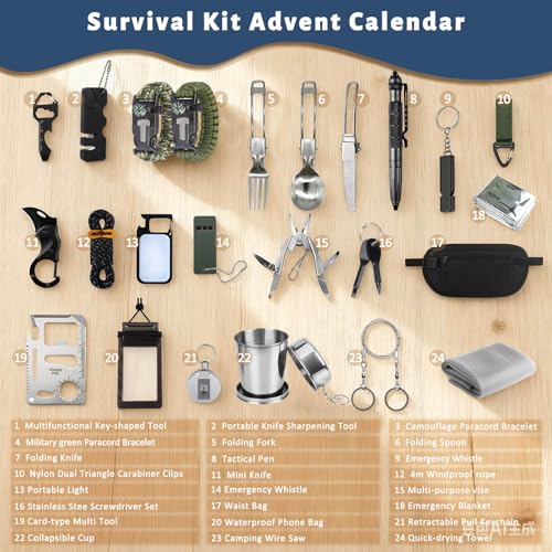 Miniatura 2 de Calendario De Navidad 2025 Para Hombres, Kit De Supervivencia Calendario De Adviento Para Hombre, Incluye 24 Herramientas De Senderismo De Camping Y Gadgets Geniales, Regalo De Navidad Para Papá