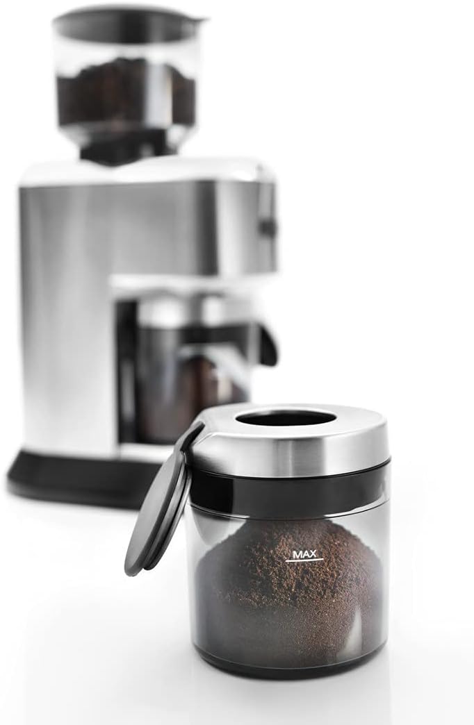 De'Longhi Dedica Grinder accessories including the ground coffee container, portafilter adapter, and a portafilter.