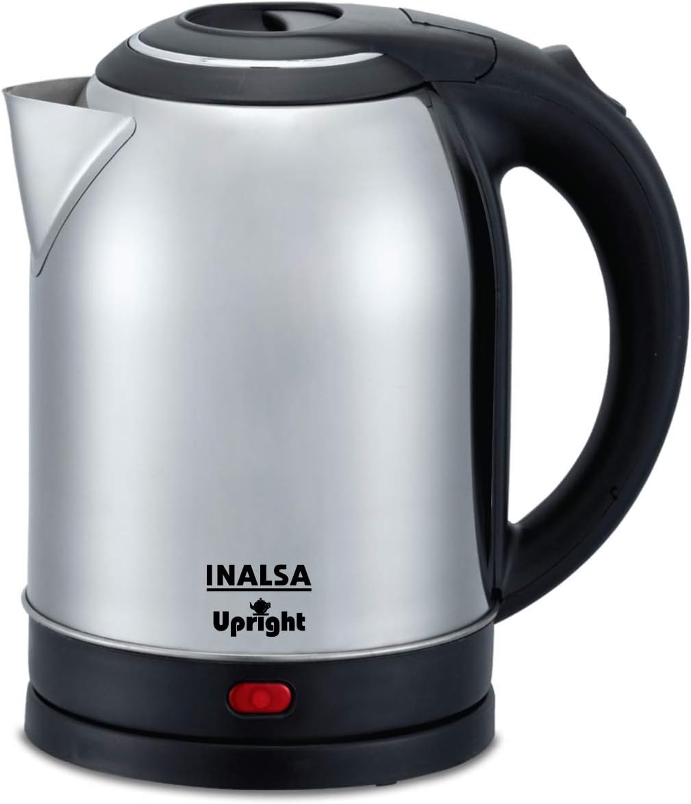 Inalsa Electric Kettle Upright 1350 Watts||Unique Cylindrical Ss Body| Cordless|Easy Maintenance|Inbuilt Multiple Safety System|(Black/Silver), 1.8 Liter