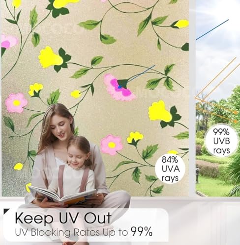 Image of MOCOCO Premium Vinyl Privacy Stained Window Glass Sticker (12x25 Inch) - Self-Adhesive Decorative Film Opaque Sheet Tint Wallpaper for Glass Cover Window, Door, Office.| Anti-UV. Pink Yellow Flowers