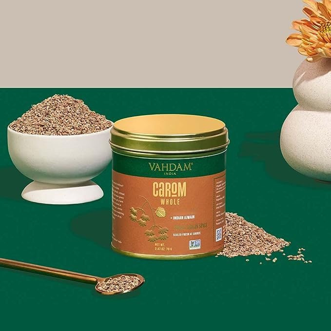 Image of VAHDAM, Carom Seeds Whole (2.47oz /70g) Gluten Free, Non GMO, 100% Raw Carom Whole, 100% Raw Ajwain Seeds from India | Carom Bishops Weed Seed for Cooking | Direct From Source