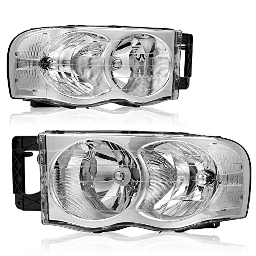 Image of OEDRO Halogen Headlights Assembly Compatible with 2002 2003 2004 2005 Dodge Ram 1500 /2003 2004 2005 Ram 2500 3500 Headlamp Replacement Pair Chrome Housing Clear Reflector Clear Lens