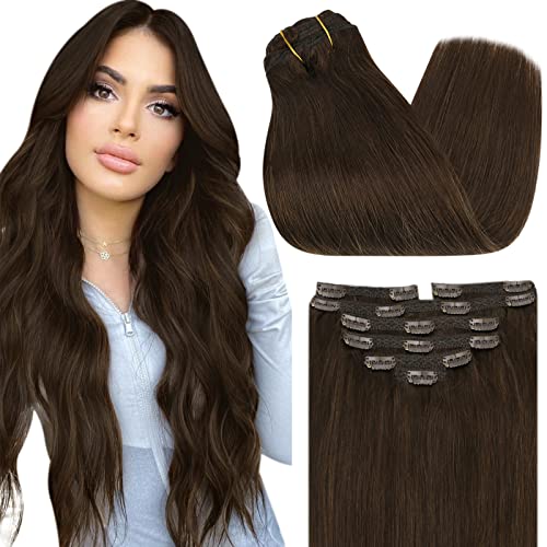 Sunny Clip in Human Hair Extensions Brown Human Hair Clip in Extensions Dark Brown Remy Clip in Hair Extensions Real Human Hair Brown Double Weft Silky Straight 24inch 7pcs 120g