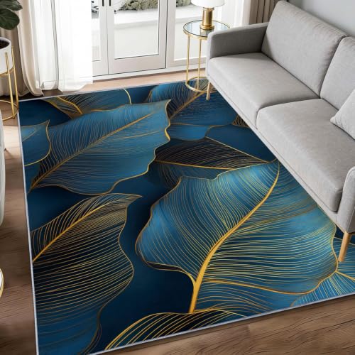 Tapis salon doux antidérapant lavable impression 3D feuilles bleues 140x200cm moderne