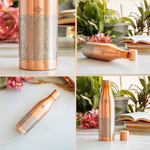 Image of INDIAN ART VILLA Pure Copper Water Bottle, Half Embossed Lacquer Coated Bottle for Drinking Water, Ayurvedic Health Benefits, Leak Proof Bottle for Home, Office, Travel & Gifting, 1150 ML