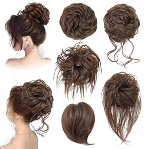 Messy Hair Bun Hair Piece for Women Short Bun Tousled Synthetic Elastic Scrunchies Hairpiece for Women Girls (1-5pcs, 8#-Medium Chestnut Brown)…
