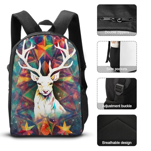 3 Piece Backpack for Women Men Lightweight Causal Daypack Shoulder Bag Set with Insulated Lunch Bag And Pencil Case Organizers Colorful Triangles Reindeer And Snowflakes3