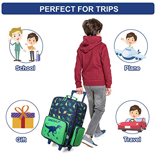 Image of VASCHY Rolling Luggage for Kids, Cute Travel Suitcase for Boys Girls with Wheels, Cute Dinosaur, 20.5 x 13.8 x 6.7 inches