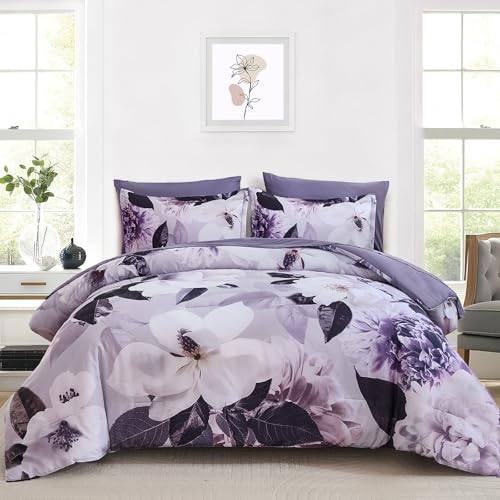 Mybedsoul 7 Pieces King Size Comforter Set Elegant Purple Floral