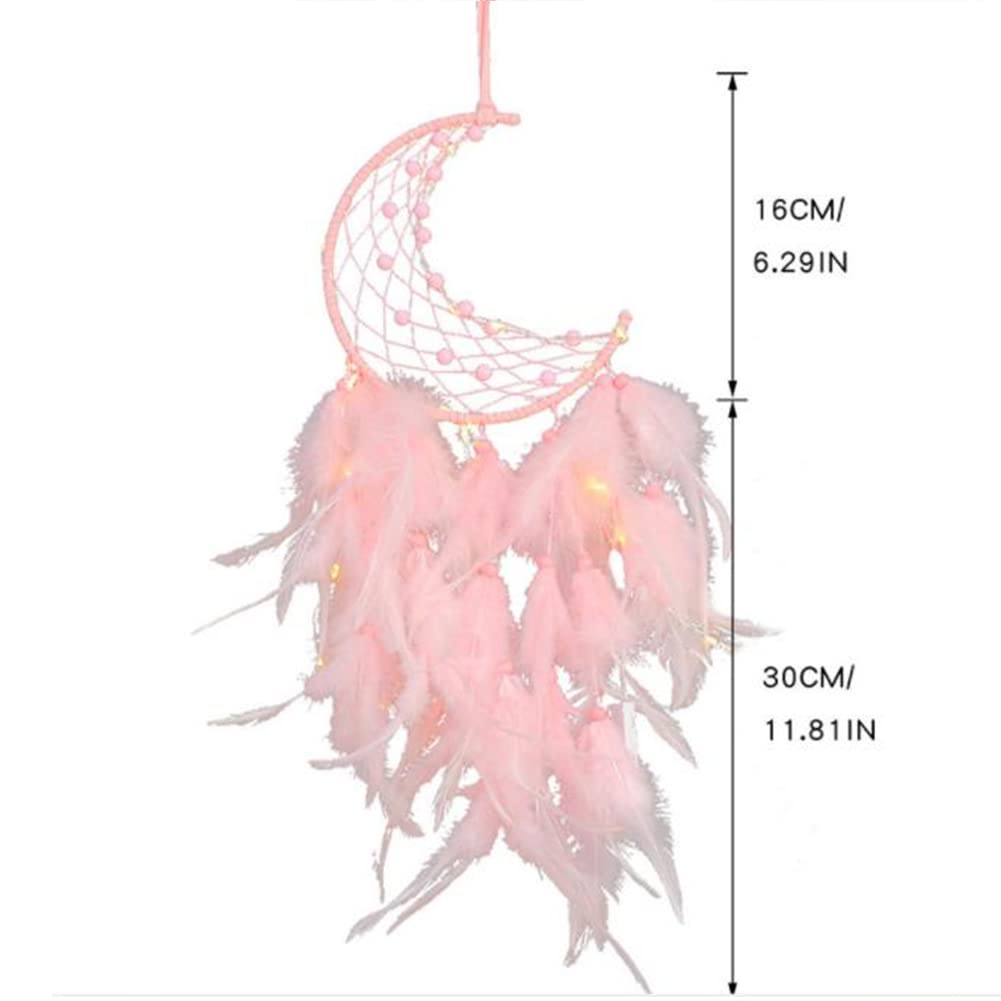 Acchiappasogni Con Luci A LED Fatto A Mano – Luna E Piume, Decorazione Murale Per Camera Da Letto (55 Cm, Luci Bianche Calde) - 2