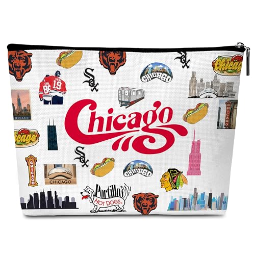 Bolsa de maquiagem com ornamento de Chicago, presentes de Chicago para mulheres amigas viajantes, presentes de lembrança de Chicago, bolsa de maquiagem pequena-A31, Chicago., Chicago