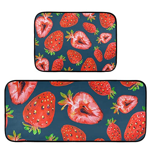 BOENLE Kitchen Rugs and Mats Non Skid Washable Kitchen Rug Set 2 Piece Fresh Strawberry Carpet Ergonomic Comfort Standing Mat for Kitchen,Bathroom, Laundry