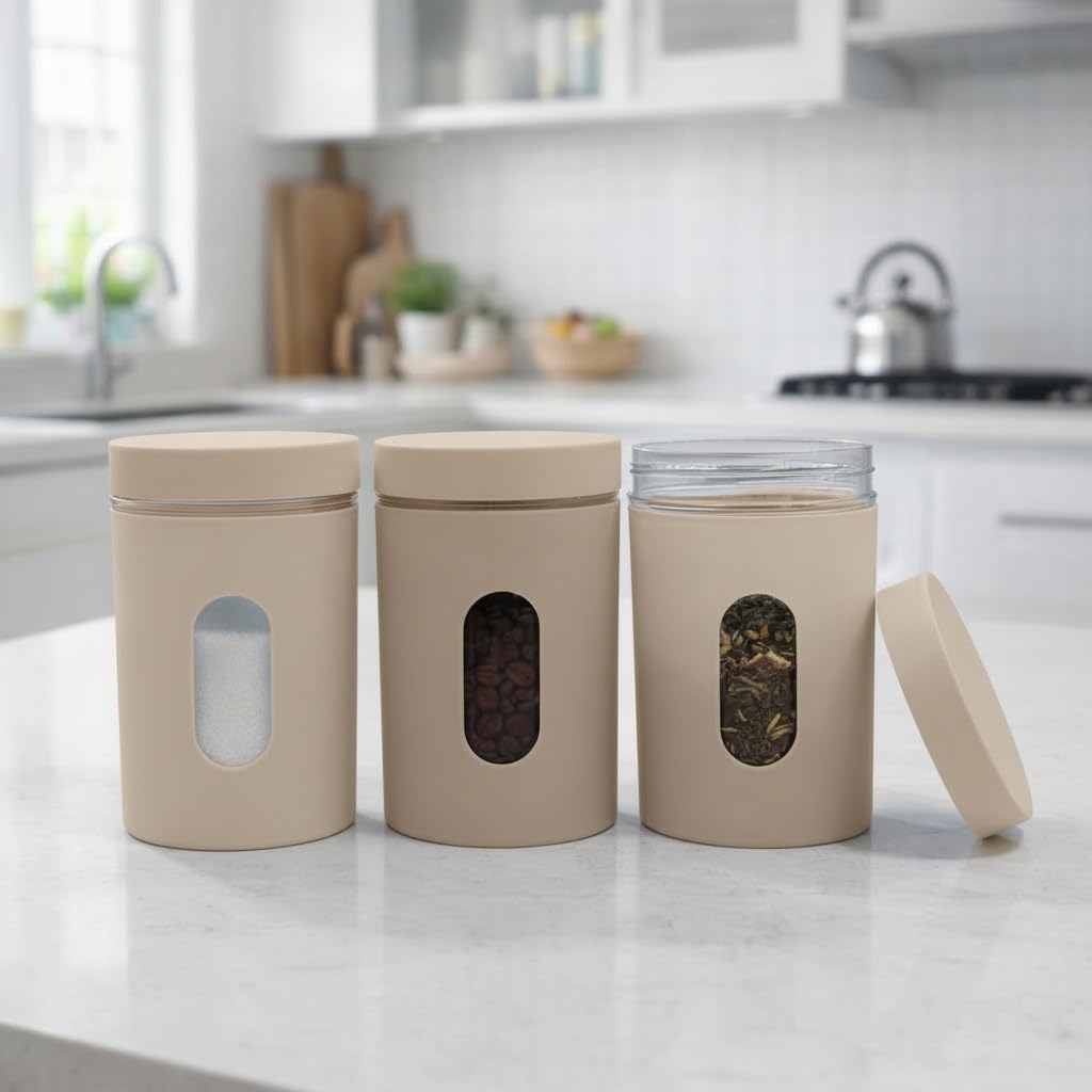 StyleX Store Pack of 3 - Off White | Tea Coffee Storage Container 750ml with Airtight Lid Transparent Window Multipurpose Kitchen Canister for Coffee Beans Tea Leaves Sugar Small Pulses Storage Jar-image-22