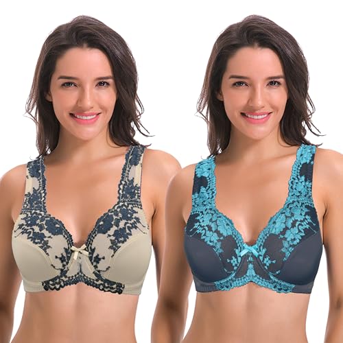 Curve Muse Women's Minimizer Unlined Underwire Bra with Lace Embroidery-2 Pack-Gray,Nude-44DDD (EU:100F)