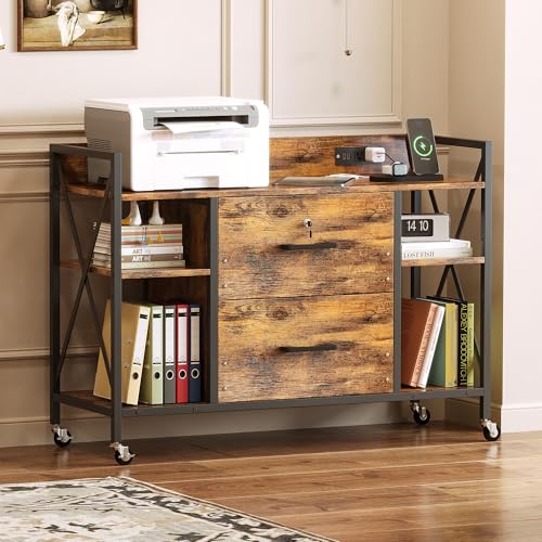 Office File Cabinet, 2 Drawer File Cabinets with Lock, Filing Cabinet with Power Outlets, Adjustable Shelves, Rolling Storage Cabinets for Home Office, Rustic Black and Brown