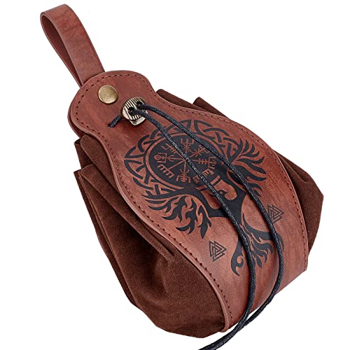 Image of GORGECRAFT Leather Drawstring Pouch Medieval Vintage Waist Bag Phoenix Pattern Printed Portable Fanny Pack Fashion Brown Dice Coin Purse for Women Men Hiking Waist Packs Costume Accessories