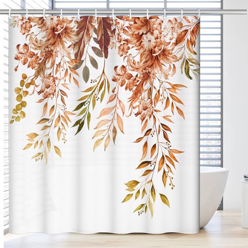 Schwylth Fall Shower Curtain for Bathroom, Artistic Watercolor Plant Floral Leaf Bathroom Decorative Shower Curtain, Waterproof Fabric Bath Curtain with 12 Hooks, 72 x 72 Inch