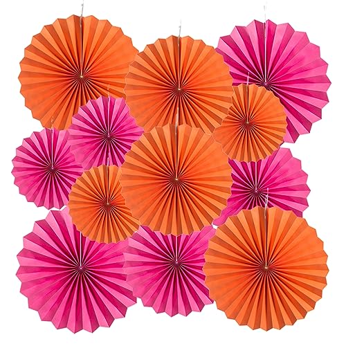 Image of MOWO Hot Pink and Orange Paper Fans Wall Decoration, 12pc | Background Ceiling Hanging, Fall Autumn Thank's Giving, birthday graduation wedding baby shower decoration