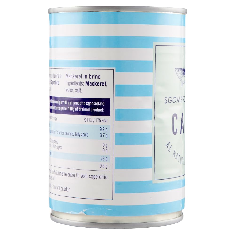 Capri Sgombro al Naturale Lot de 12 boîtes de 425 g de maquereau naturel + 1 paquet de thé glacé San Benedetto au citron sans sucre Boîte de 330 ml