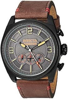 Invicta Men's Aviator Stainless Steel Quartz Watch with Leather-Calfskin Strap, Brown, 26